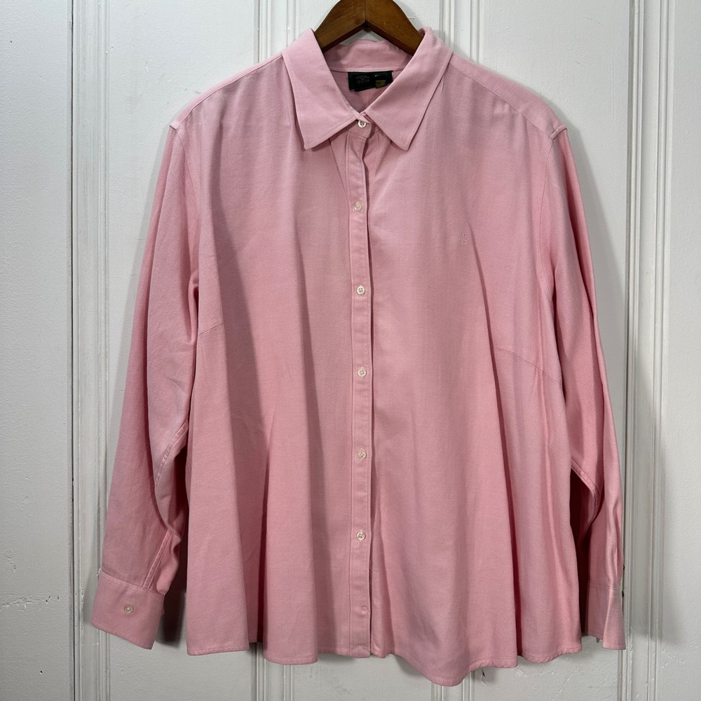 Lauren Ralph Lauren Shirt Women 3X Pink Excellent Cotton Herringbone Button-Down